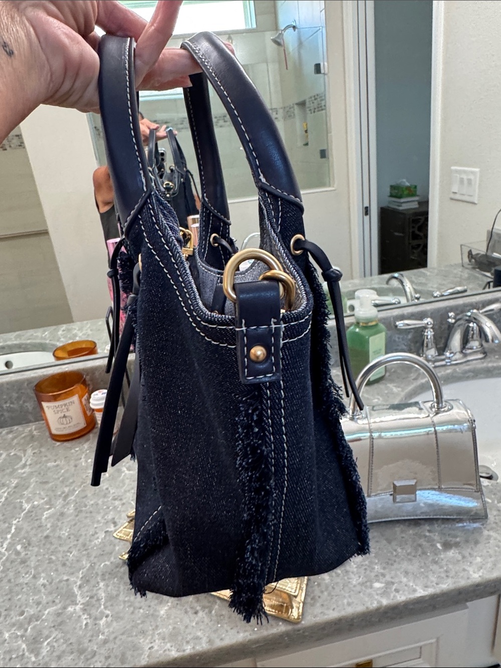 Sam Edelman Dark Blue Denim Fringe Tote with Gold Logo - Picture 3 of 4